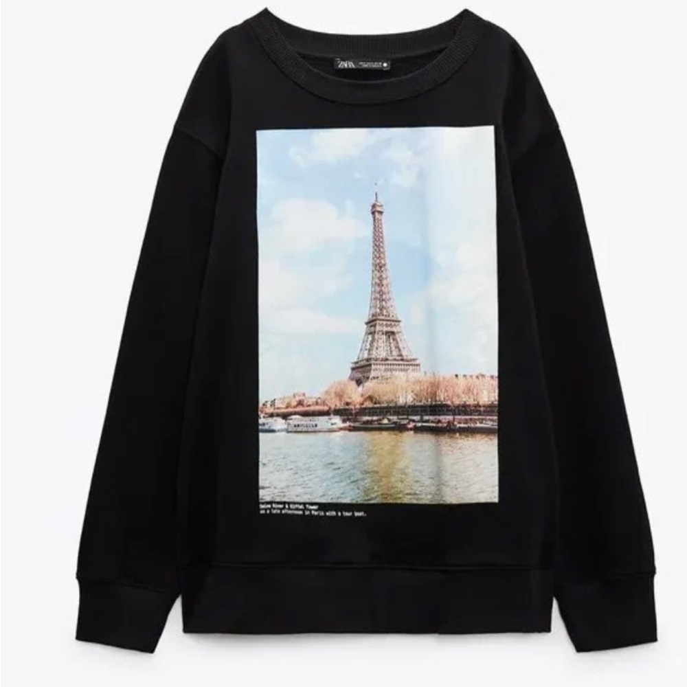 Zara Black Sweatshirt with Eiffel Tower Graphic